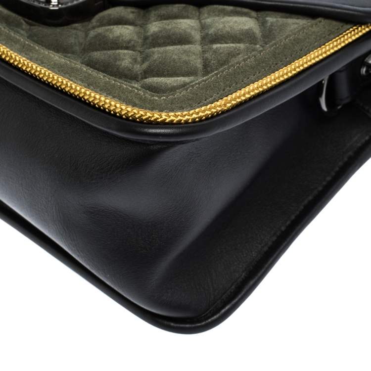 Pre Owned Longchamp Black/Khaki Leather and Suede Le Pliage Heritage Top Handle Bag