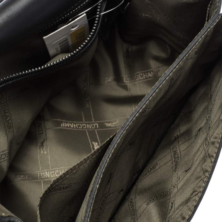 Pre Owned Longchamp Black/Khaki Leather and Suede Le Pliage Heritage Top Handle Bag