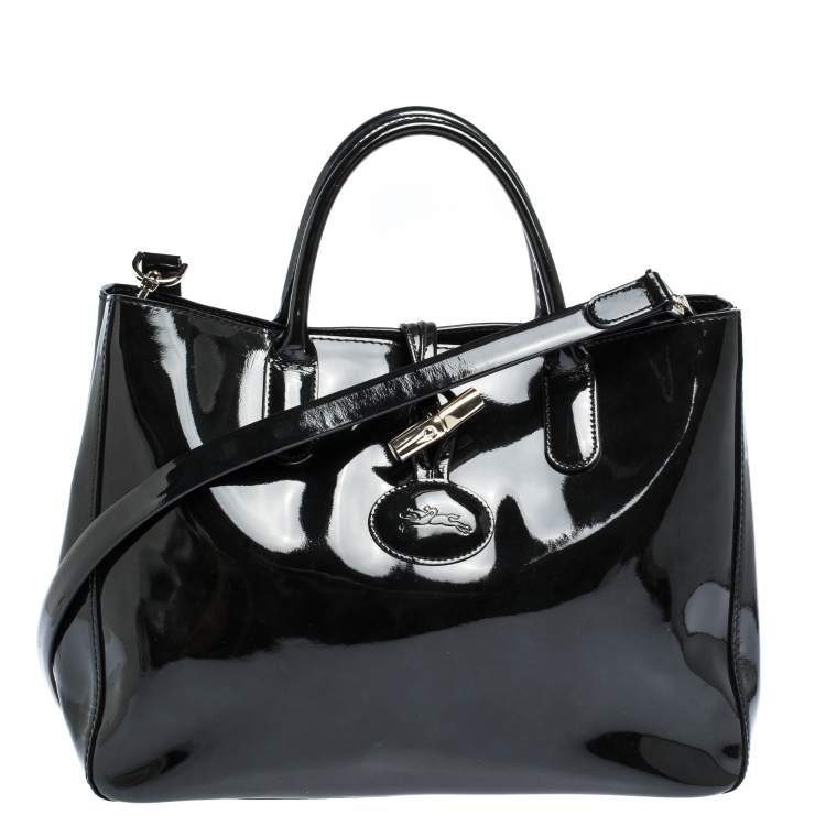 Longchamp Roseau Large Patent Leather Box Tote in Black
