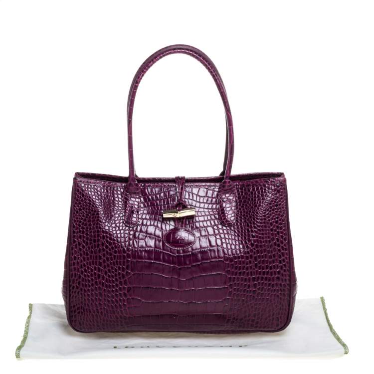Pre Owned Longchamp Purple Crocodile Embossed Leather Roseau Tote 