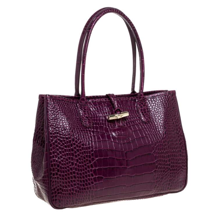 Pre Owned Longchamp Purple Crocodile Embossed Leather Roseau Tote 