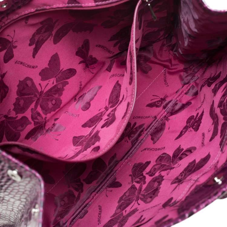 Pre Owned Longchamp Purple Crocodile Embossed Leather Roseau Tote 