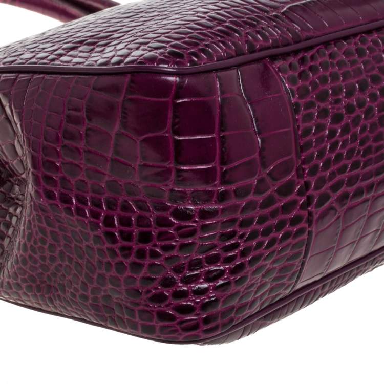 Pre Owned Longchamp Purple Crocodile Embossed Leather Roseau Tote 