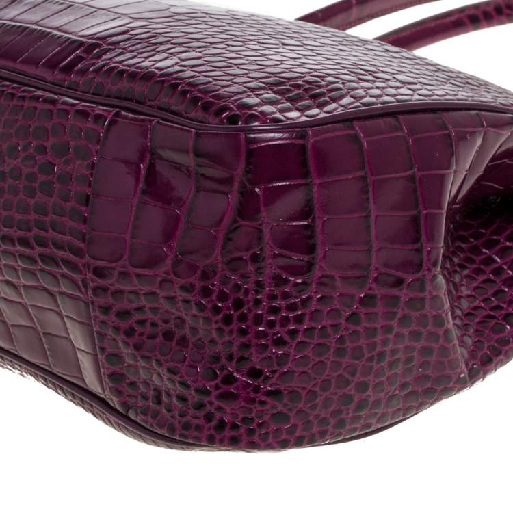 Pre Owned Longchamp Purple Crocodile Embossed Leather Roseau Tote 