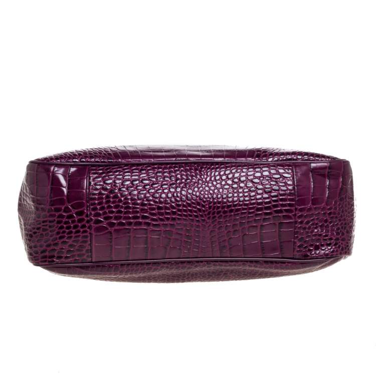 Pre Owned Longchamp Purple Crocodile Embossed Leather Roseau Tote 
