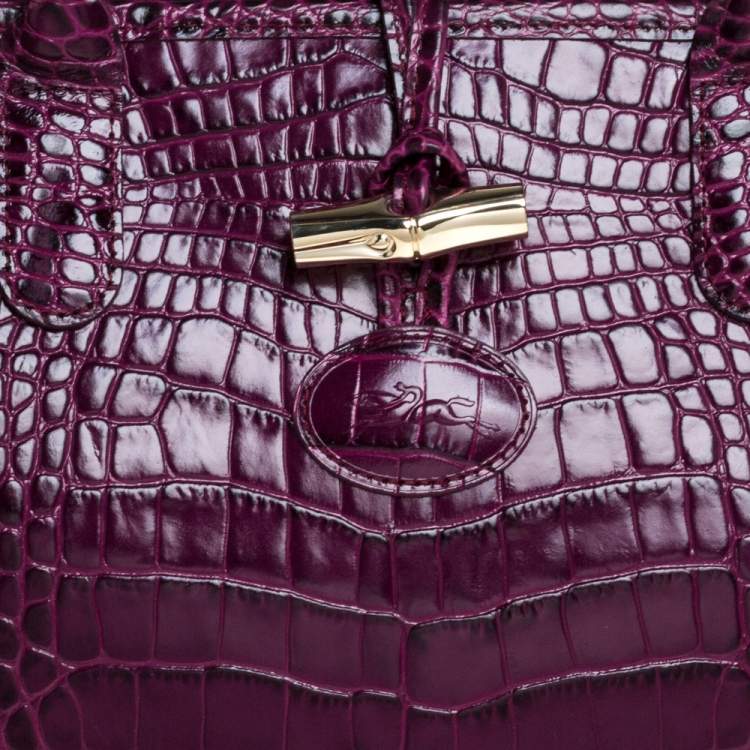 Pre Owned Longchamp Purple Crocodile Embossed Leather Roseau Tote 