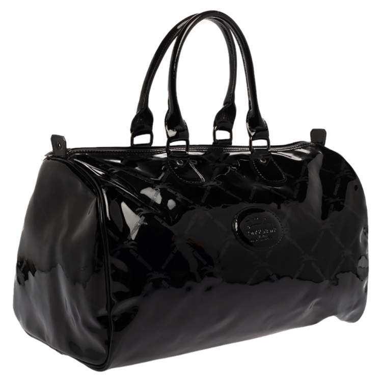 Pre Owned Longchamp Black Signature Print Patent Leather Satchel