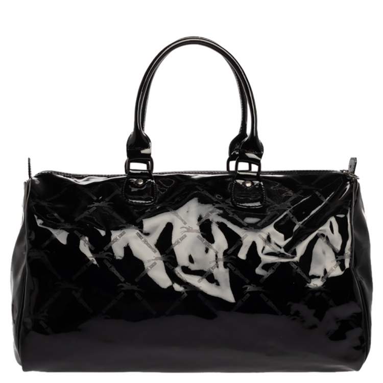 Pre Owned Longchamp Black Signature Print Patent Leather Satchel