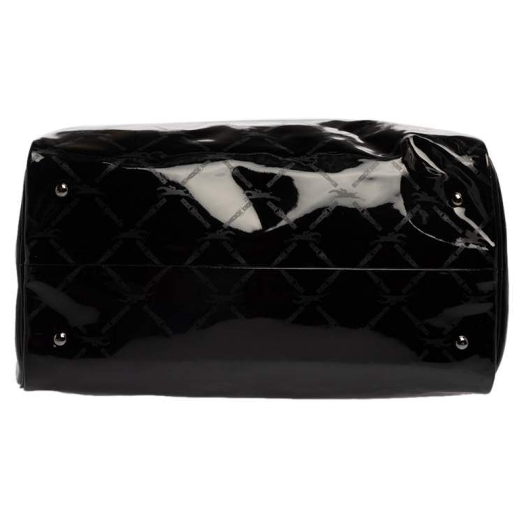 Pre Owned Longchamp Black Signature Print Patent Leather Satchel