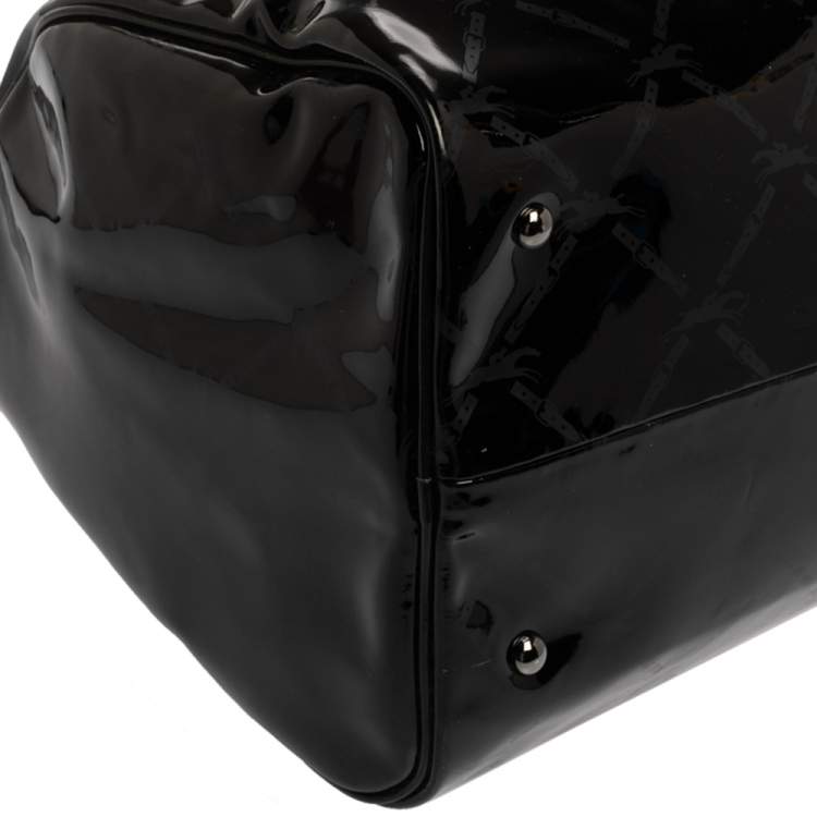 Pre Owned Longchamp Black Signature Print Patent Leather Satchel