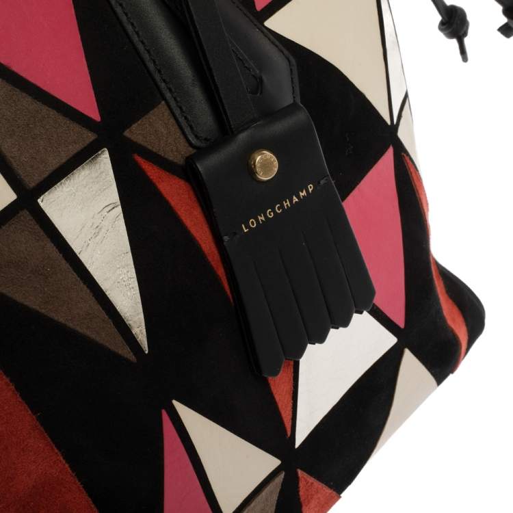 Pre Owned Longchamp Black/Multicolor Leather and Suede Medium Penelope Arty Tote