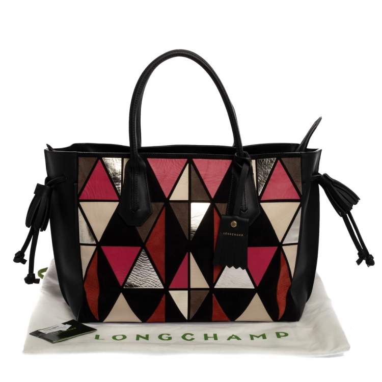 Pre Owned Longchamp Black/Multicolor Leather and Suede Medium Penelope Arty Tote