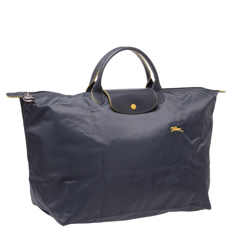 Pre Owned Longchamo Grey Nylon and Leather Le Pliage Weekender Tote