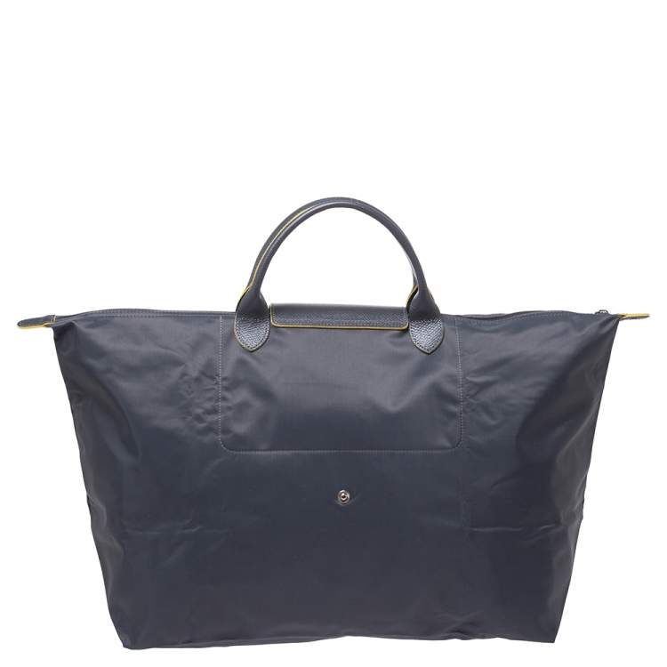 Pre Owned Longchamo Grey Nylon and Leather Le Pliage Weekender Tote