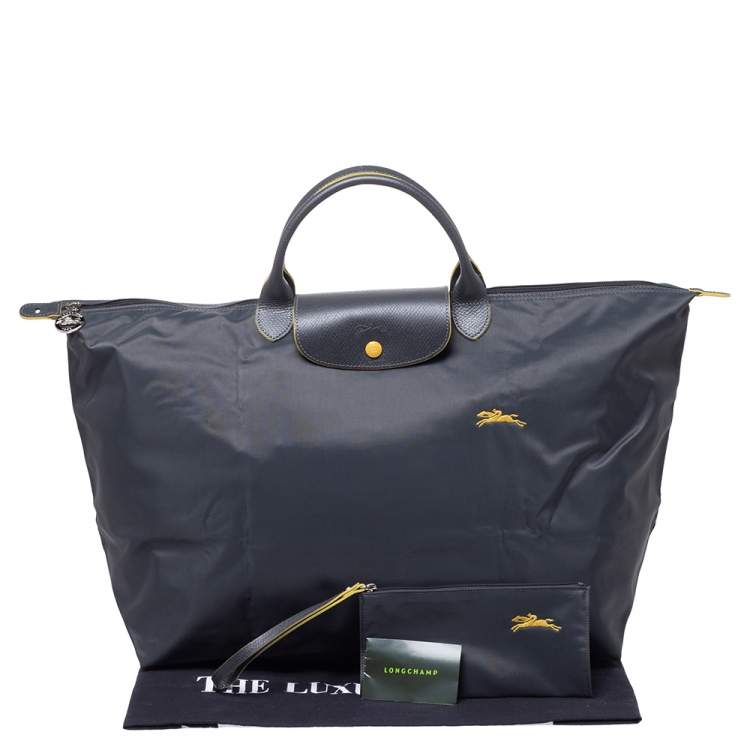 Pre Owned Longchamo Grey Nylon and Leather Le Pliage Weekender Tote