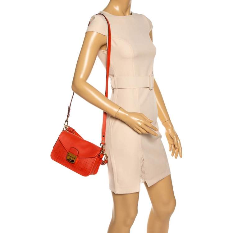 Pre Owned Longchamp Orange Perforated Leather Mademoiselle Top Handle Bag