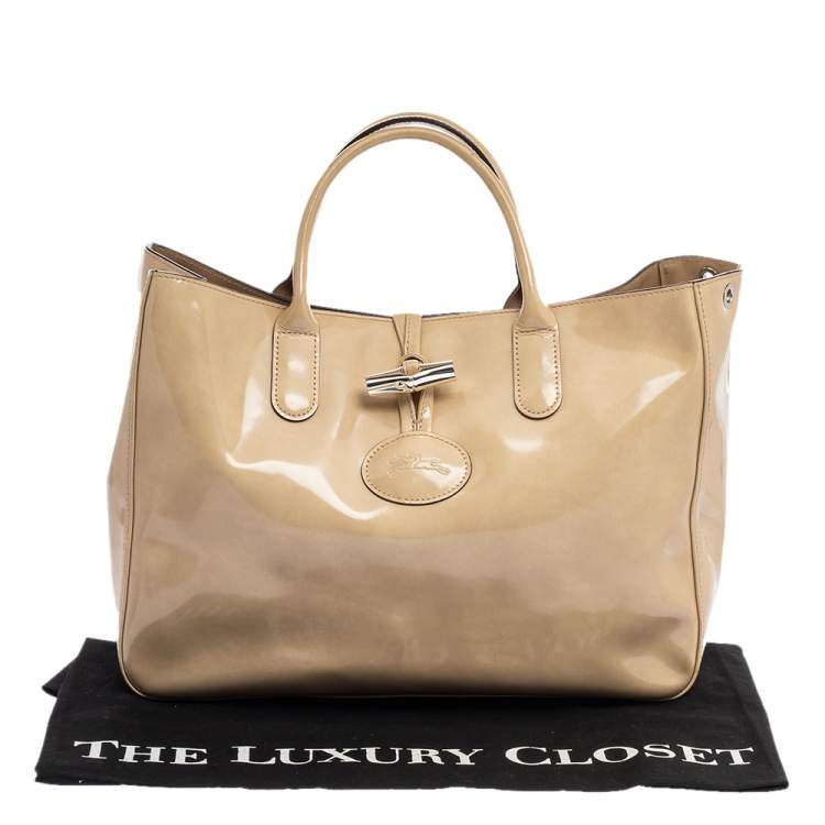 Pre Owned Longchamp Beige Patent Leather Roseau Tote 