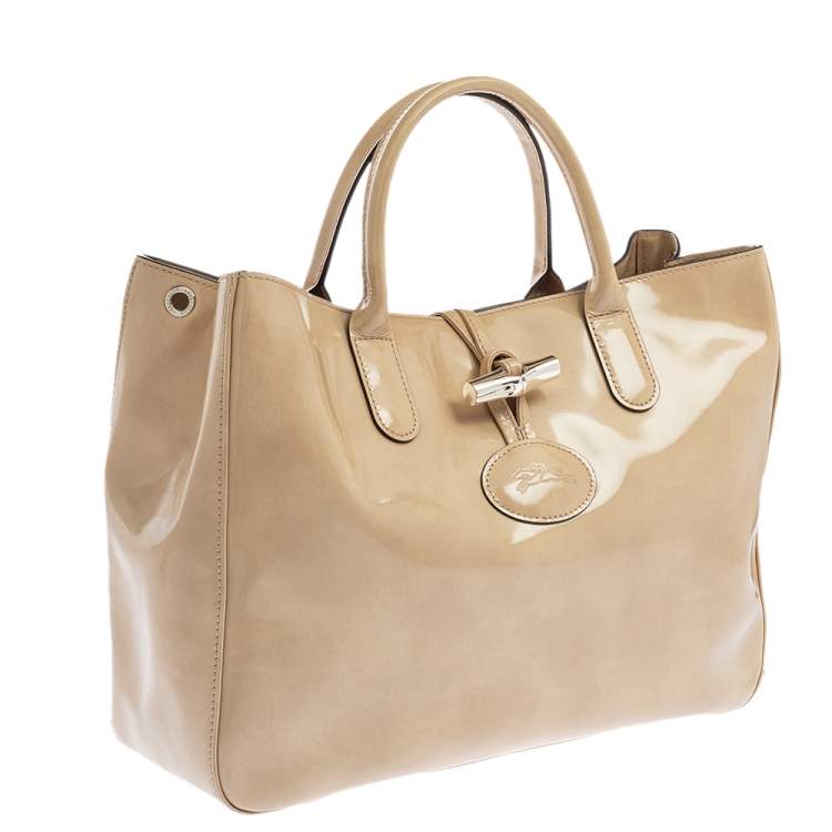 Pre Owned Longchamp Beige Patent Leather Roseau Tote 