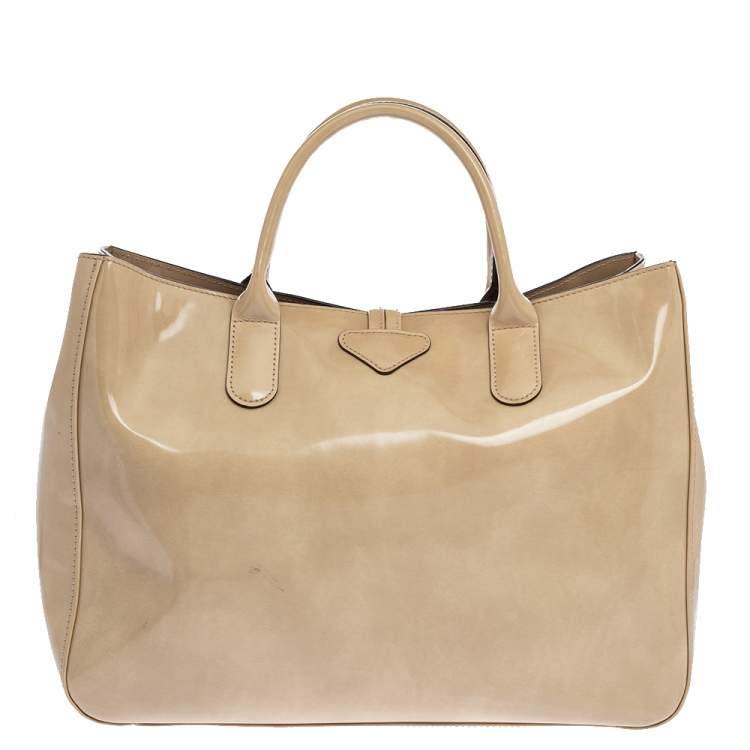Pre Owned Longchamp Beige Patent Leather Roseau Tote 