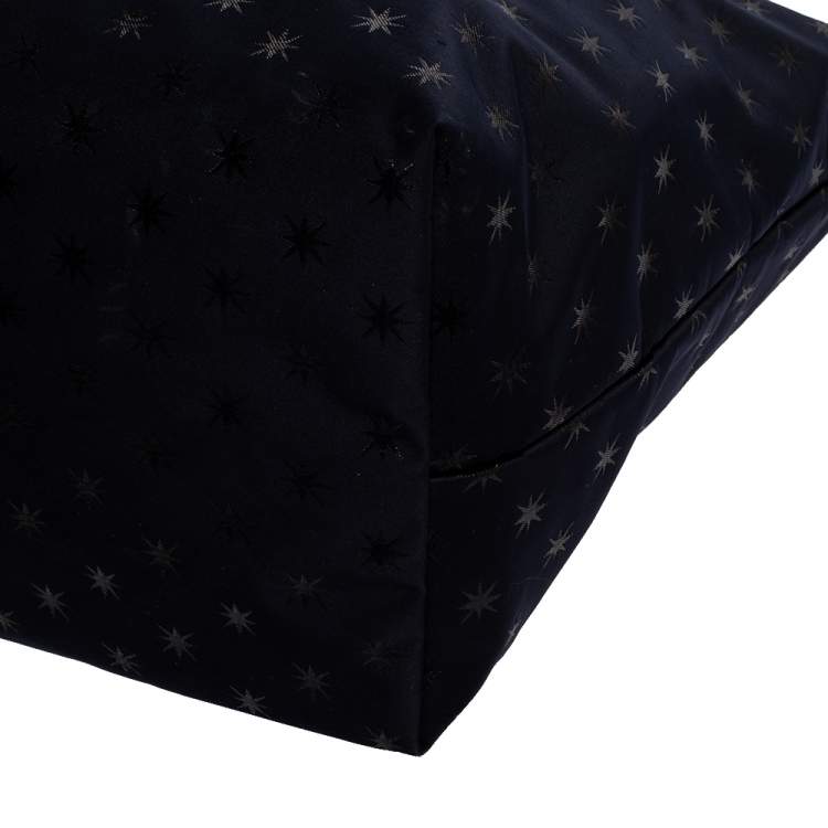 Pre Owned Longchamp Navy Blue/Black Star Print Nylon and Patent Leather Medium Le Pliage Tote