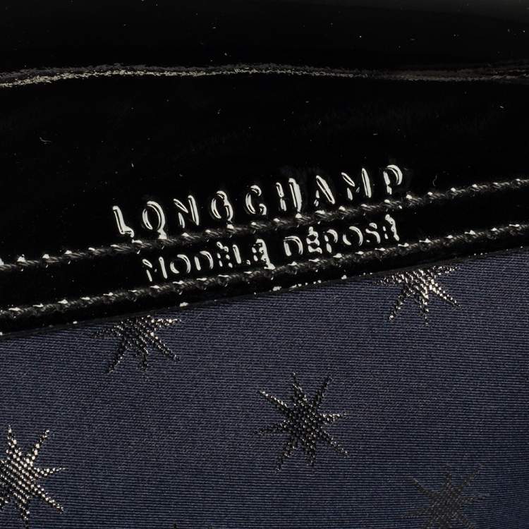 Pre Owned Longchamp Navy Blue/Black Star Print Nylon and Patent Leather Medium Le Pliage Tote