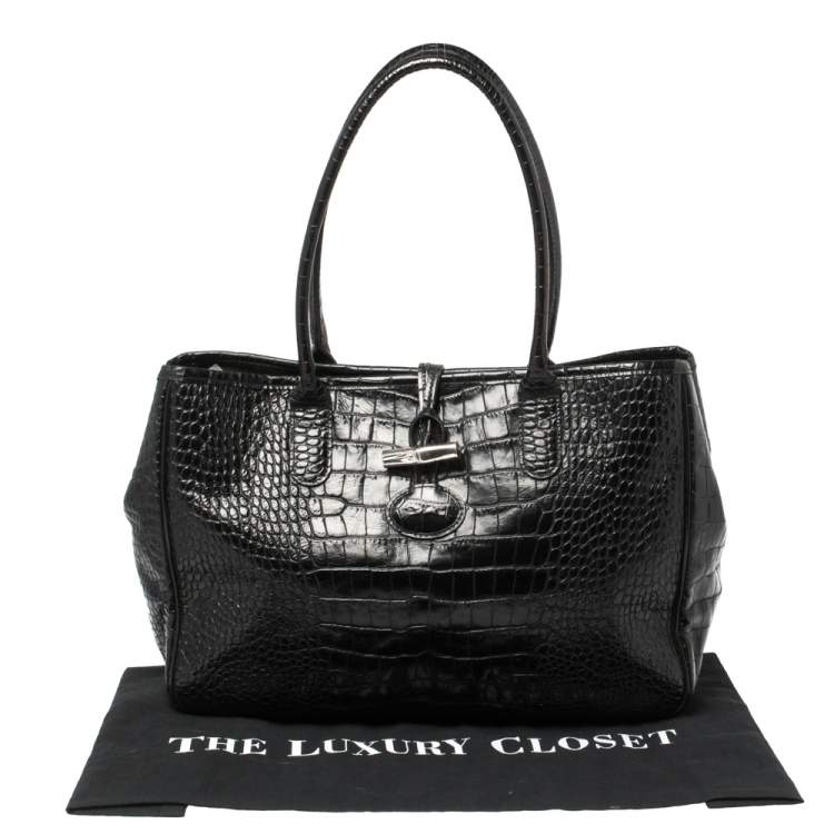 Pre Owned Longchamp Black Glaze Croc Embossed Leather Roseau Tote