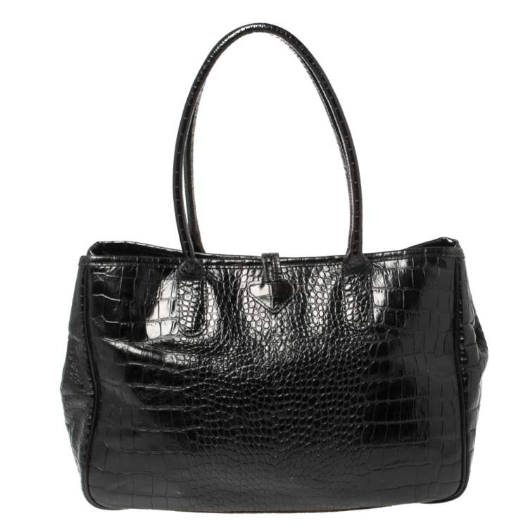 Pre Owned Longchamp Black Glaze Croc Embossed Leather Roseau Tote