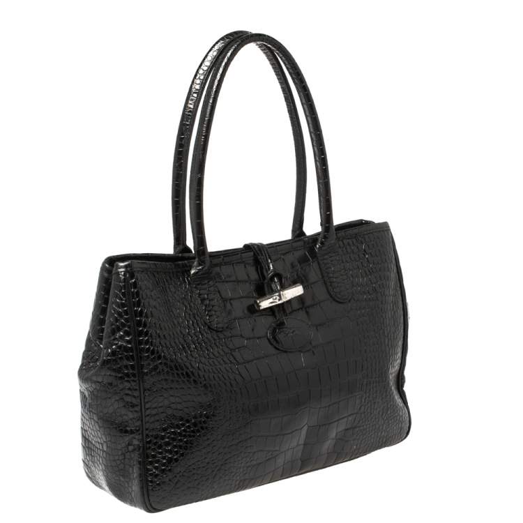 Pre Owned Longchamp Black Glaze Croc Embossed Leather Roseau Tote