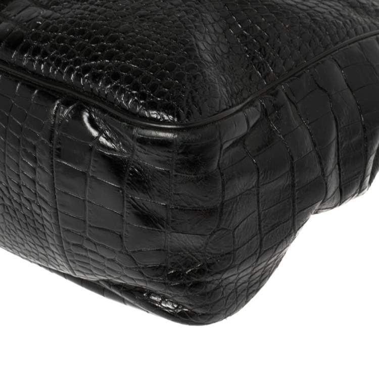 Pre Owned Longchamp Black Glaze Croc Embossed Leather Roseau Tote
