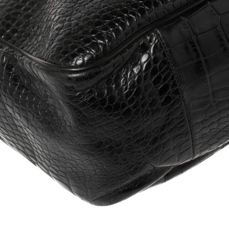 Pre Owned Longchamp Black Glaze Croc Embossed Leather Roseau Tote