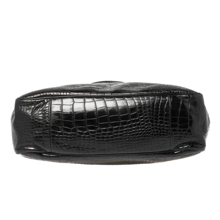 Pre Owned Longchamp Black Glaze Croc Embossed Leather Roseau Tote