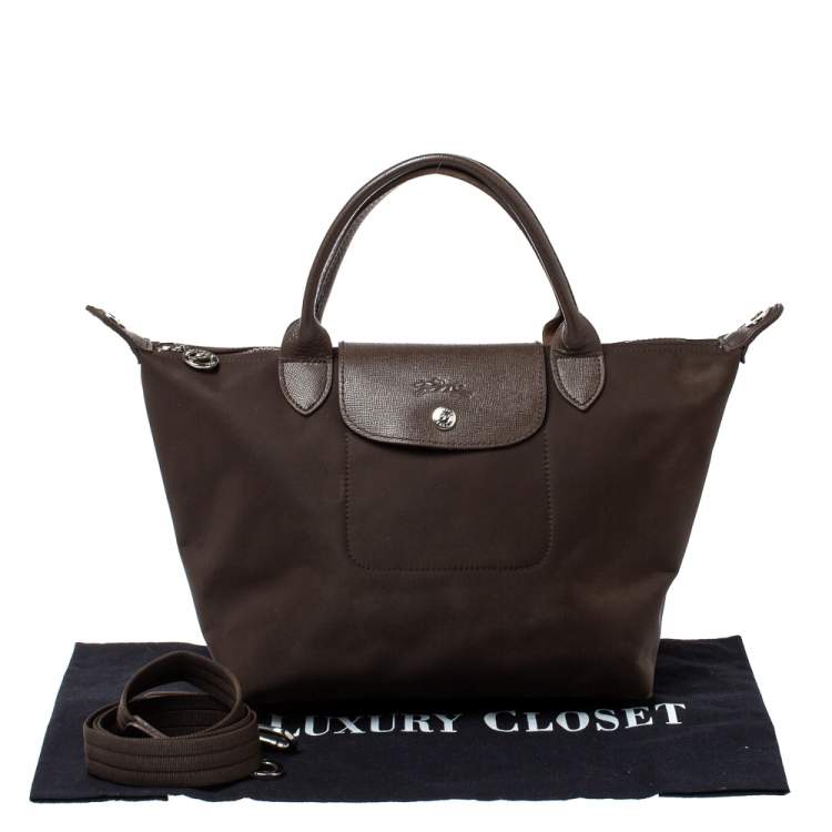 Pre Owned Longchamp Dark Brown Nylon Le Pliage Neon Tote