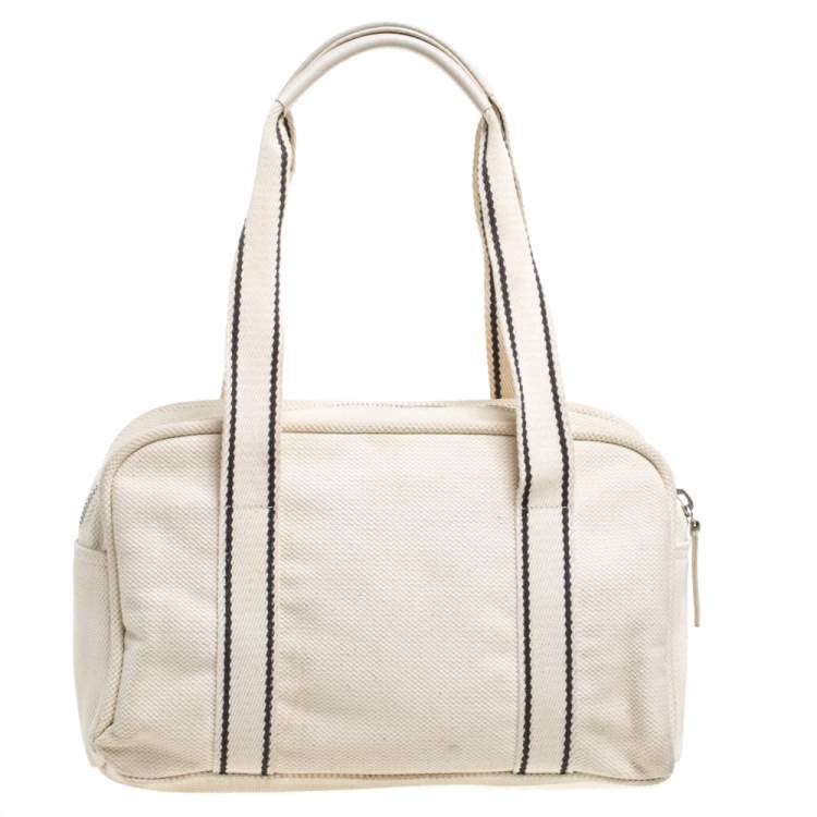 Pre Owned Longchamp Cream Canvas Double Pocket Satchel