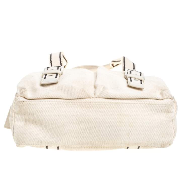 Pre Owned Longchamp Cream Canvas Double Pocket Satchel