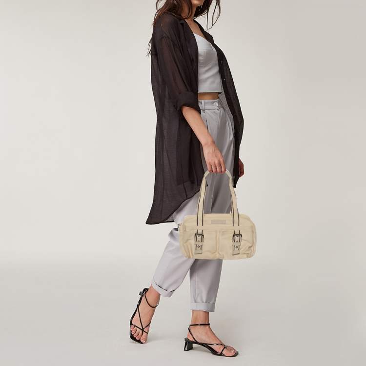 Pre Owned Longchamp Cream Canvas Double Pocket Satchel