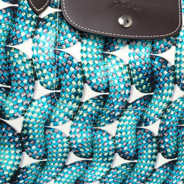 Pre Owned Longchamp Blue/Brown Fabric and Leather Surf and The City Le Pliage Tote