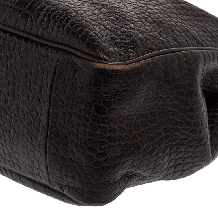 Pre Owned Longchamp Brown Glaze Croc Embossed Leather Roseau Tote