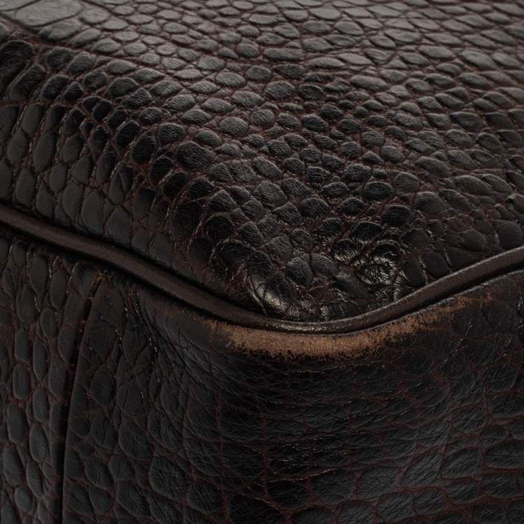 Pre Owned Longchamp Brown Glaze Croc Embossed Leather Roseau Tote