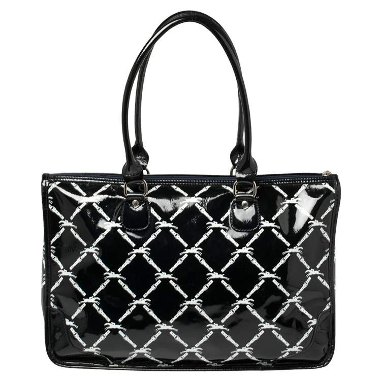 Pre Owned Longchamp Black Printed Patent Leather Satchel