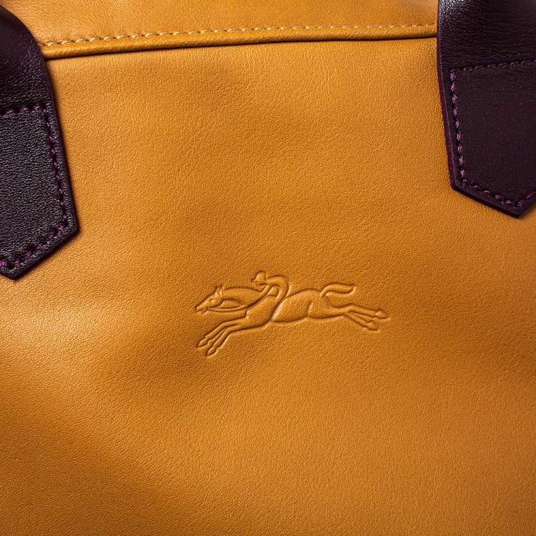 Pre Owned Longchamp Tan /Plum Leather Zip Detail Expandable Satchel