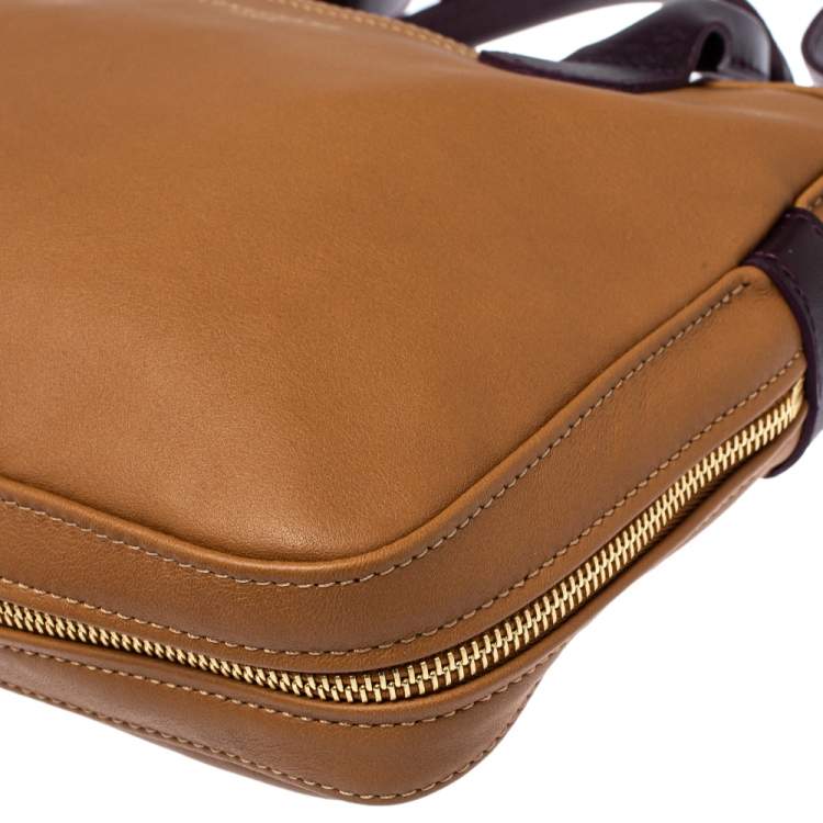 Pre Owned Longchamp Tan /Plum Leather Zip Detail Expandable Satchel