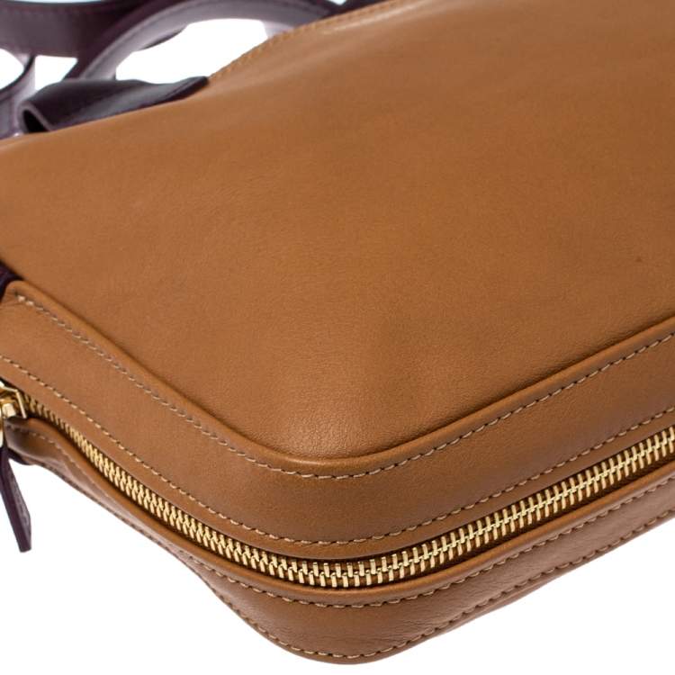 Pre Owned Longchamp Tan /Plum Leather Zip Detail Expandable Satchel