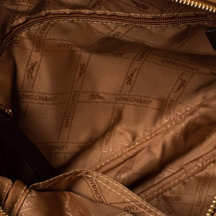 Pre Owned Longchamp Tan /Plum Leather Zip Detail Expandable Satchel