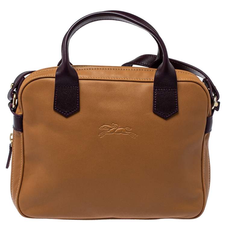 Pre Owned Longchamp Tan /Plum Leather Zip Detail Expandable Satchel