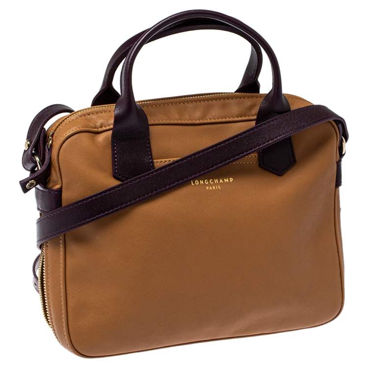 Pre Owned Longchamp Tan /Plum Leather Zip Detail Expandable Satchel