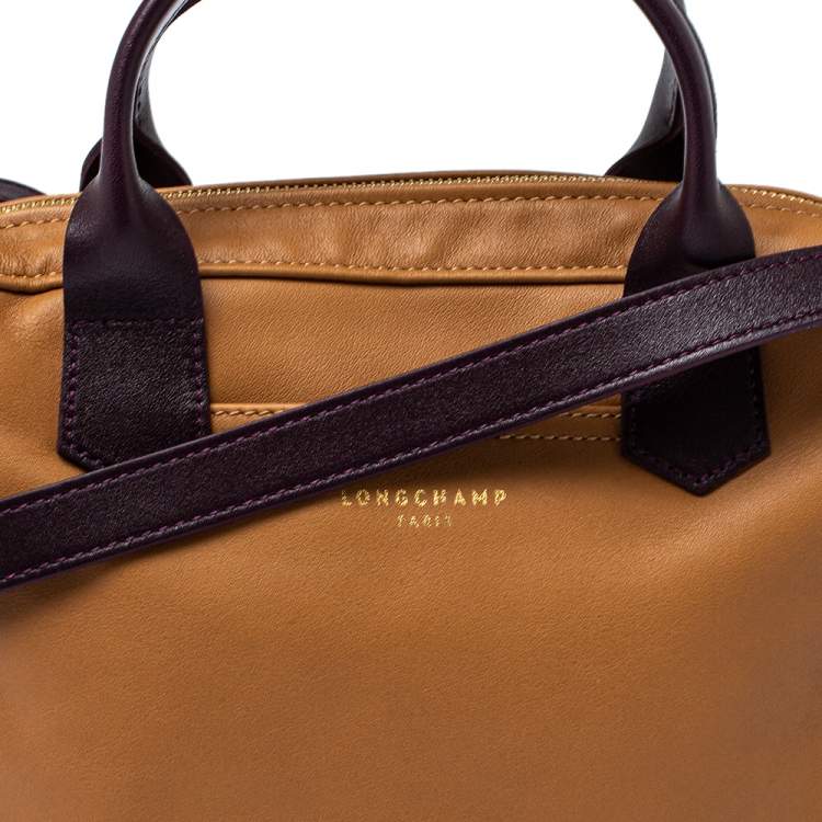 Pre Owned Longchamp Tan /Plum Leather Zip Detail Expandable Satchel