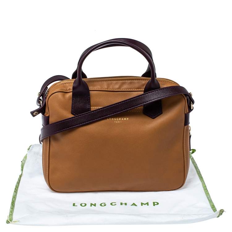 Pre Owned Longchamp Tan /Plum Leather Zip Detail Expandable Satchel