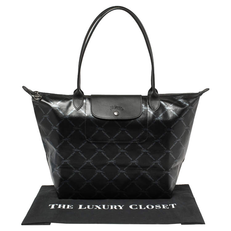 Pre Owned Longchamp Black Coated Canvas and Leather Le Pliage Tote