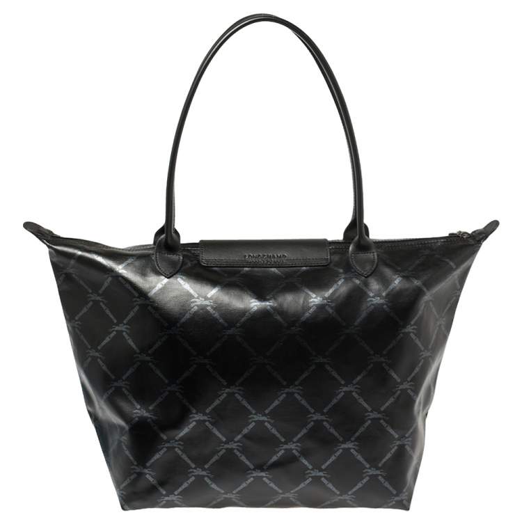 Pre Owned Longchamp Black Coated Canvas and Leather Le Pliage Tote