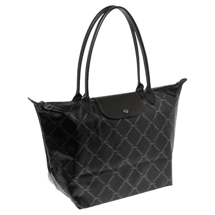 Pre Owned Longchamp Black Coated Canvas and Leather Le Pliage Tote